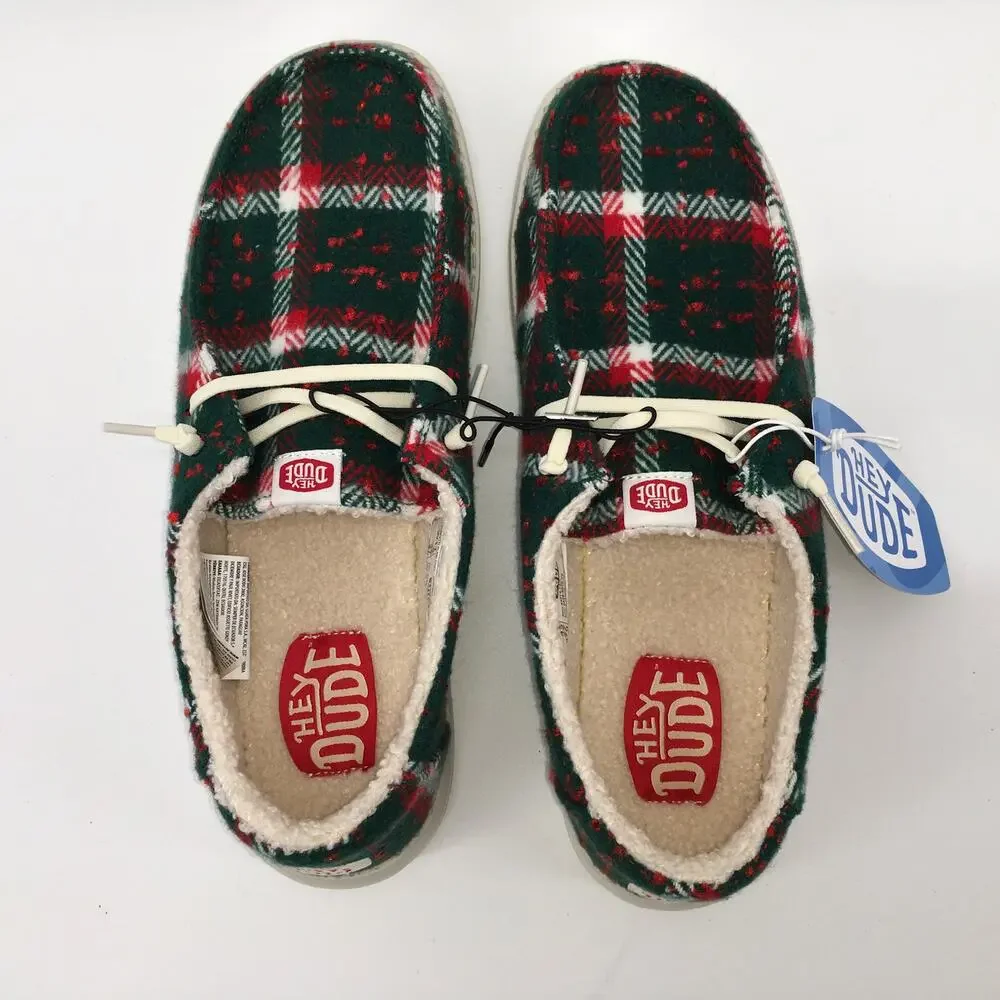 Hey Dude Wendy Confetti Plaid Cozy Loafer Womens 11 Red Green Christmas Shoe NWT